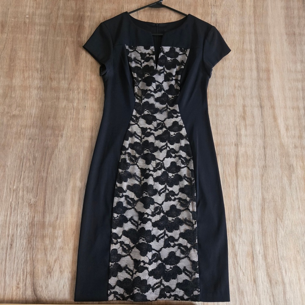 Connected Apparel Black Sheath Dress Size 6 Lace Inset Panel Cap Sleeve